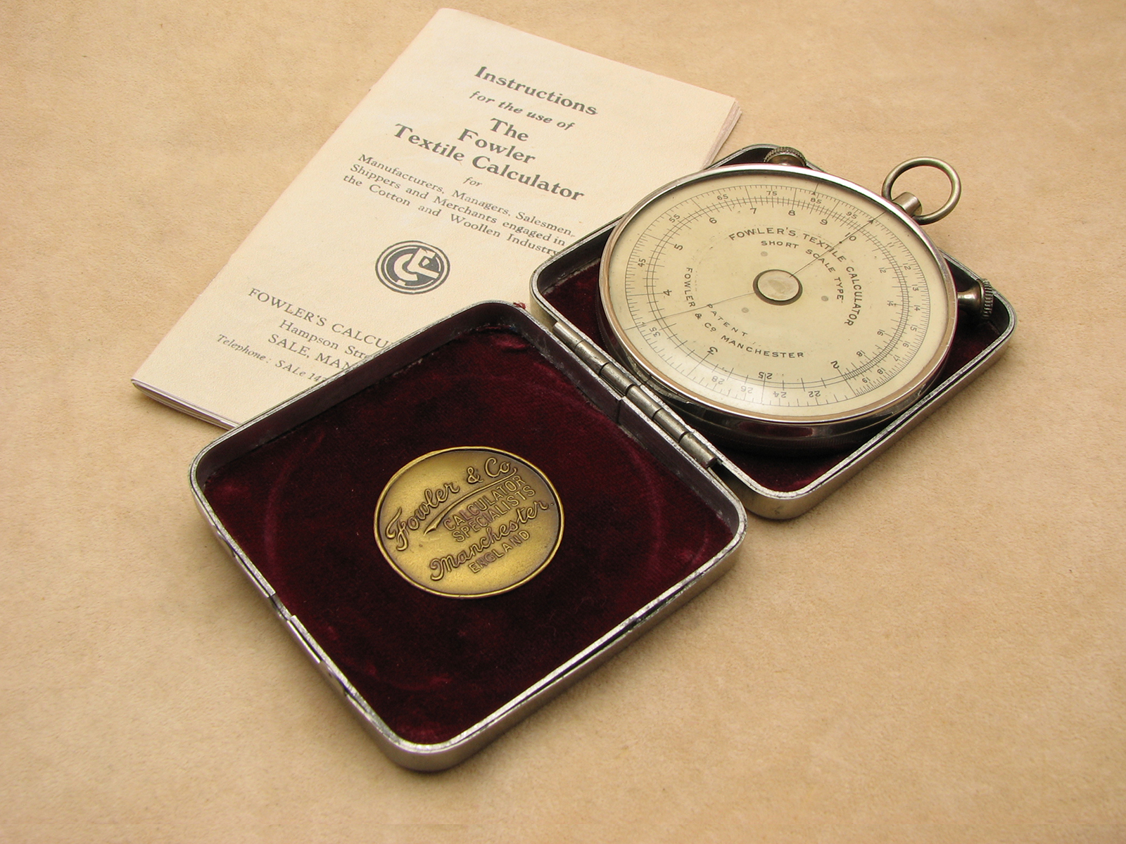 1930s Double sided Fowlers Textile Calculator, Short Scale Type in Nickel case